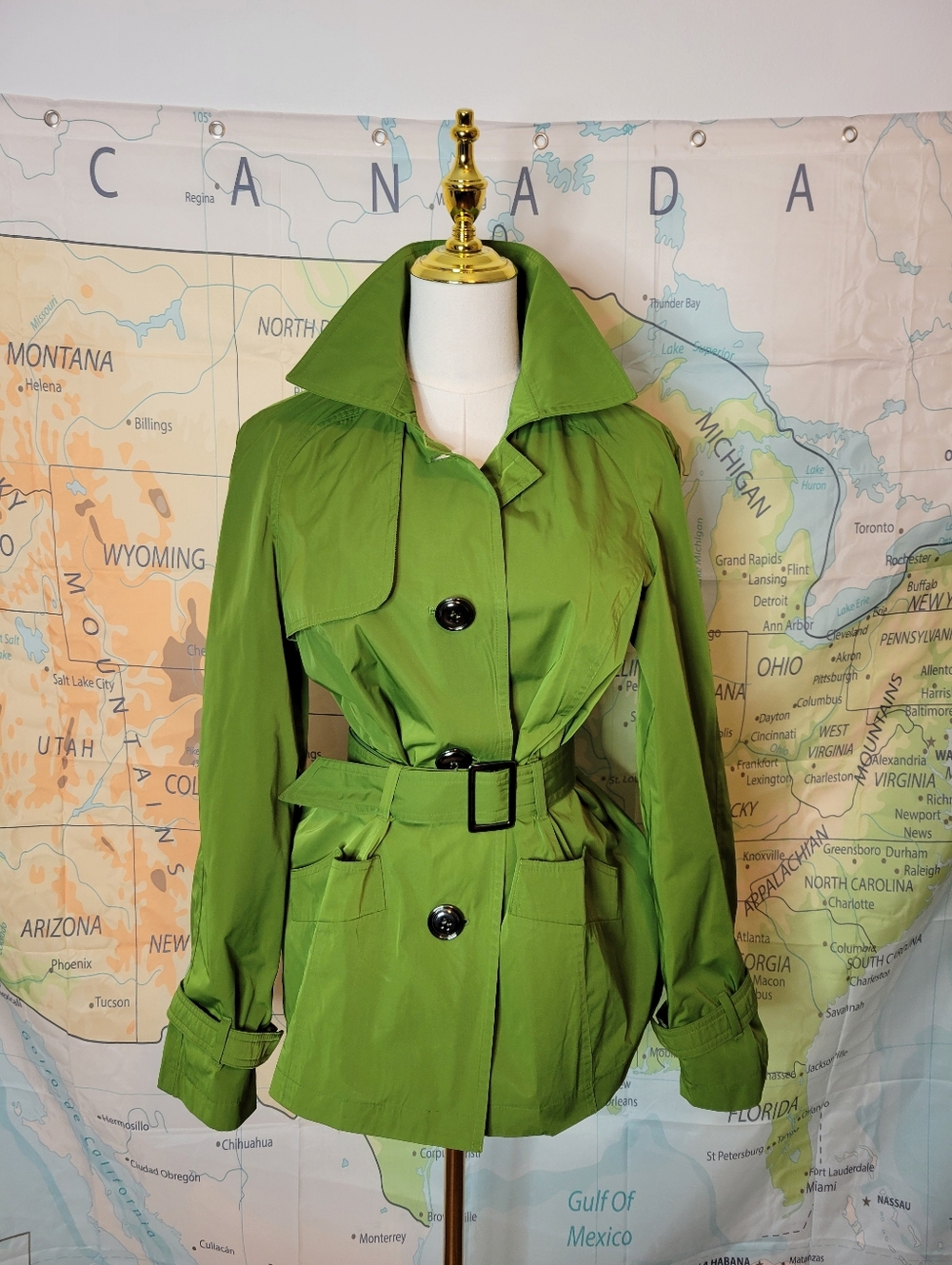 Talbots Women’s Kelly Green Belted Trench Coat Jacket Size M
